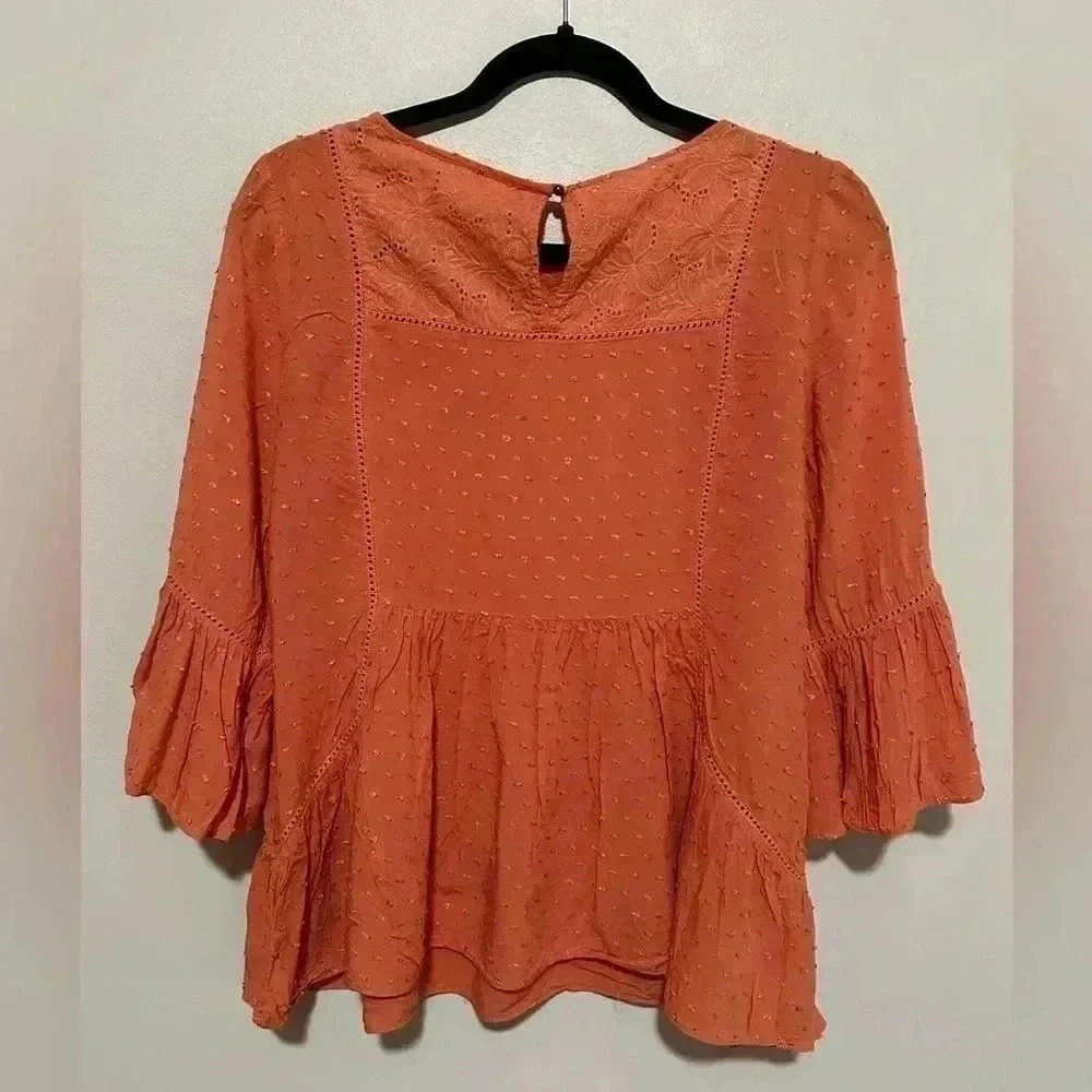 Sundance Susannah Blouse Size XS Orange/Coral Ruffle Swiss Dot Eyelet - Picture 2 of 9